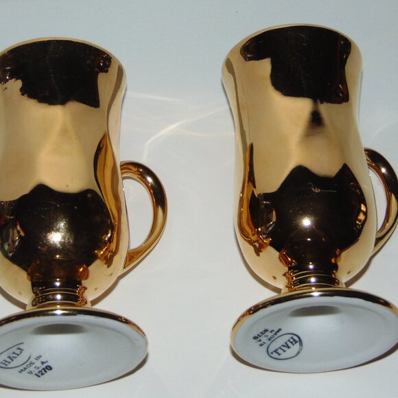 Hall China Footed 22k Gold Irish Coffee Mug #1270 Made in USA Set of 2 Vintage - Picture 3 of 5